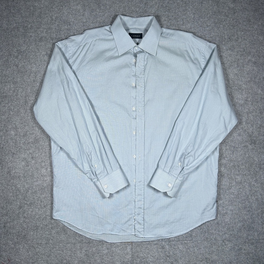Canali button down Shirt Men 17.5 2XL Blue Micro Check Gingham Cotton Italy made